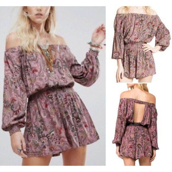 Free People OB580943 Women Sz S Purple Pretty & Free Off the Shoulder Romper - Picture 9 of 9